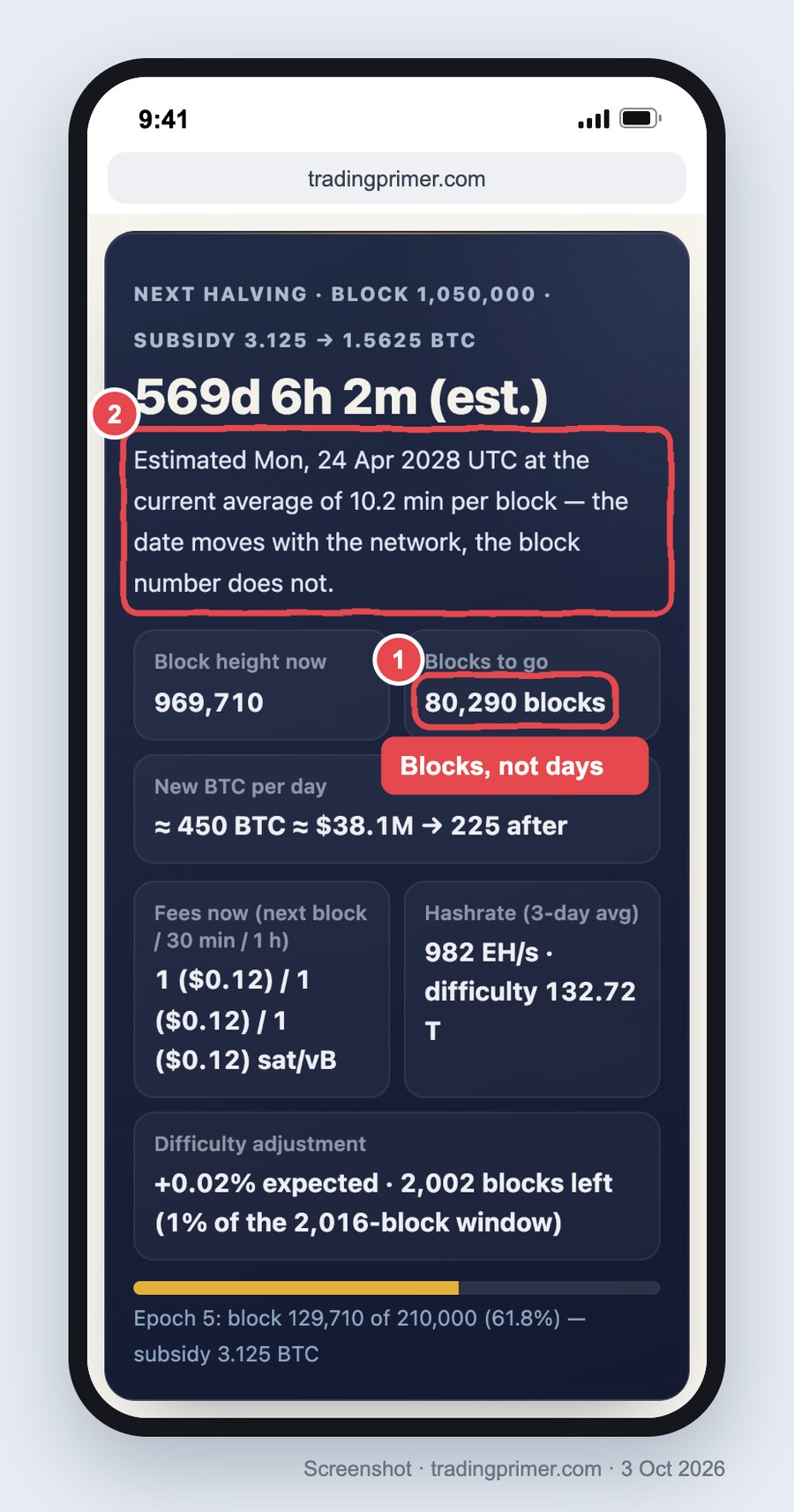Screenshot of the TradingPrimer Bitcoin halving countdown on a phone: next halving at block 1,050,000 with the subsidy going from 3.125 to 1.5625 BTC, 569 days 6 hours to go, an estimated date of Monday 24 April 2028 UTC at 10.2 minutes per block, block height 969,710 and 80,290 blocks to go; the blocks-to-go figure and the estimated date are circled in red