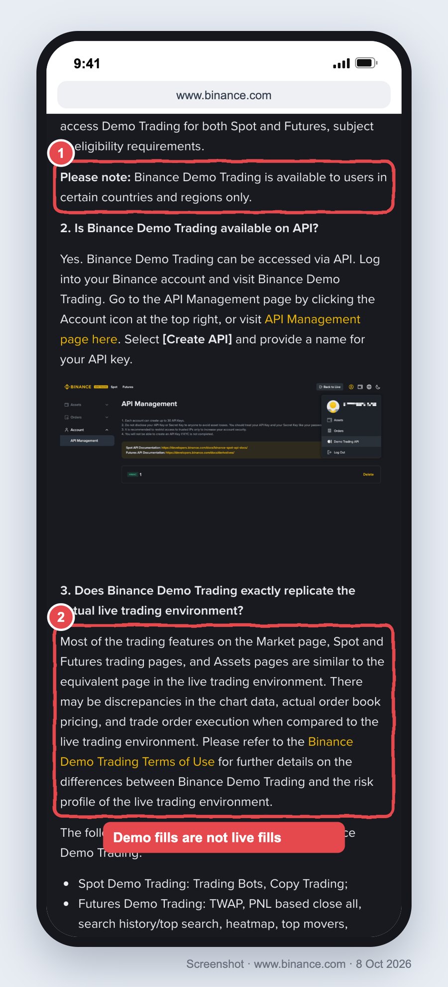 Screenshot of Binance's Demo Trading FAQ on a phone, with red boxes on the note that demo trading is available in certain countries only and on the answer warning of discrepancies in chart data, order book pricing and execution