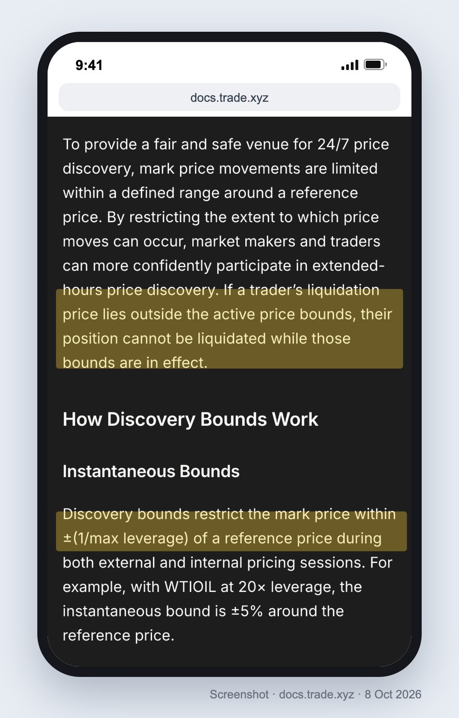 Phone screenshot of the trade[XYZ] documentation page on discovery bounds, with two sentences highlighted: a position whose liquidation price lies outside the active bounds cannot be liquidated while those bounds are in effect, and the bounds restrict the mark price to plus or minus one over max leverage around a reference price