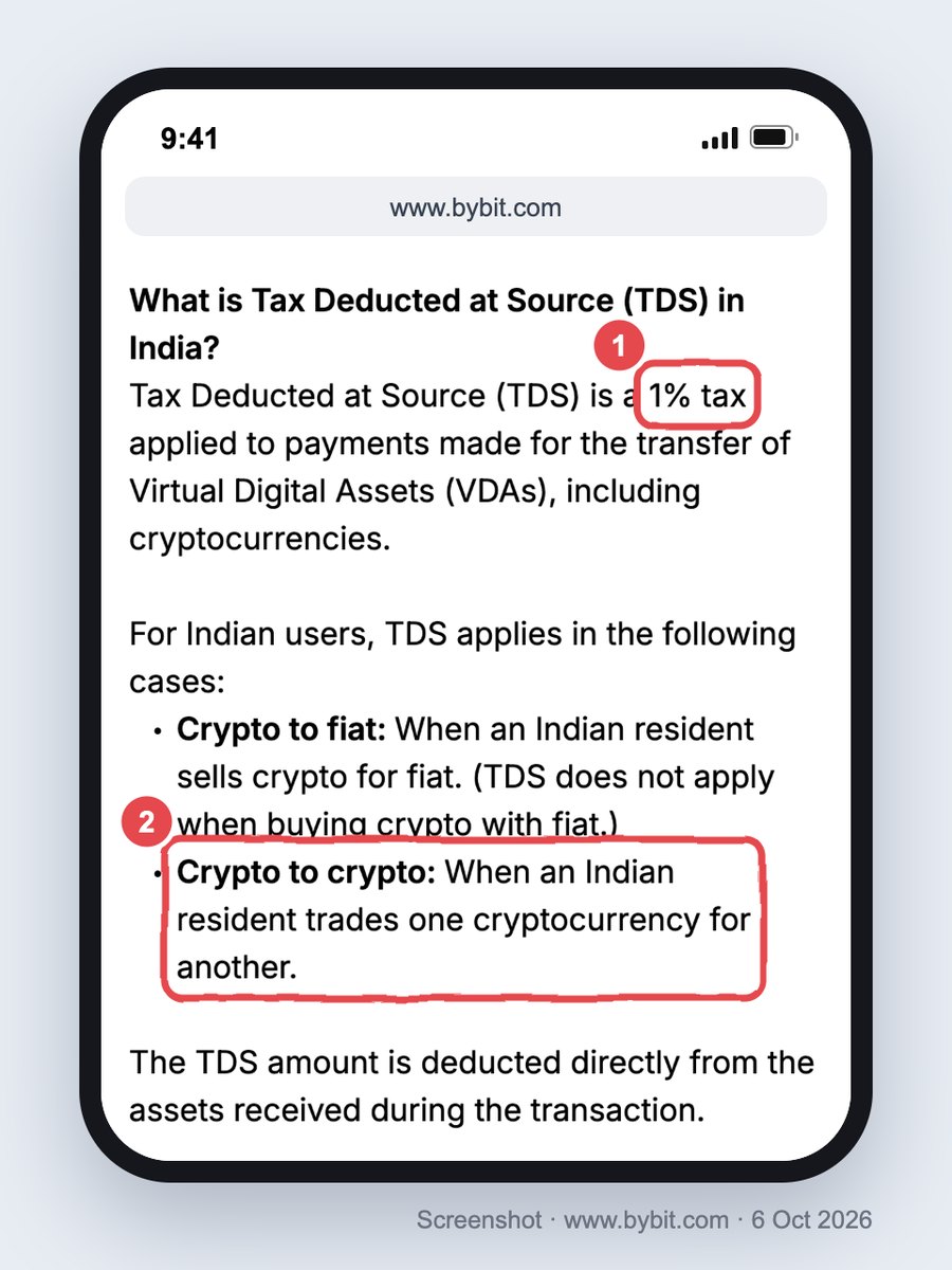 Screenshot of Bybit&rsquo;s FAQ on GST and TDS in India on a phone: TDS is a 1% tax, and it applies both when selling crypto for fiat and when trading one crypto for another