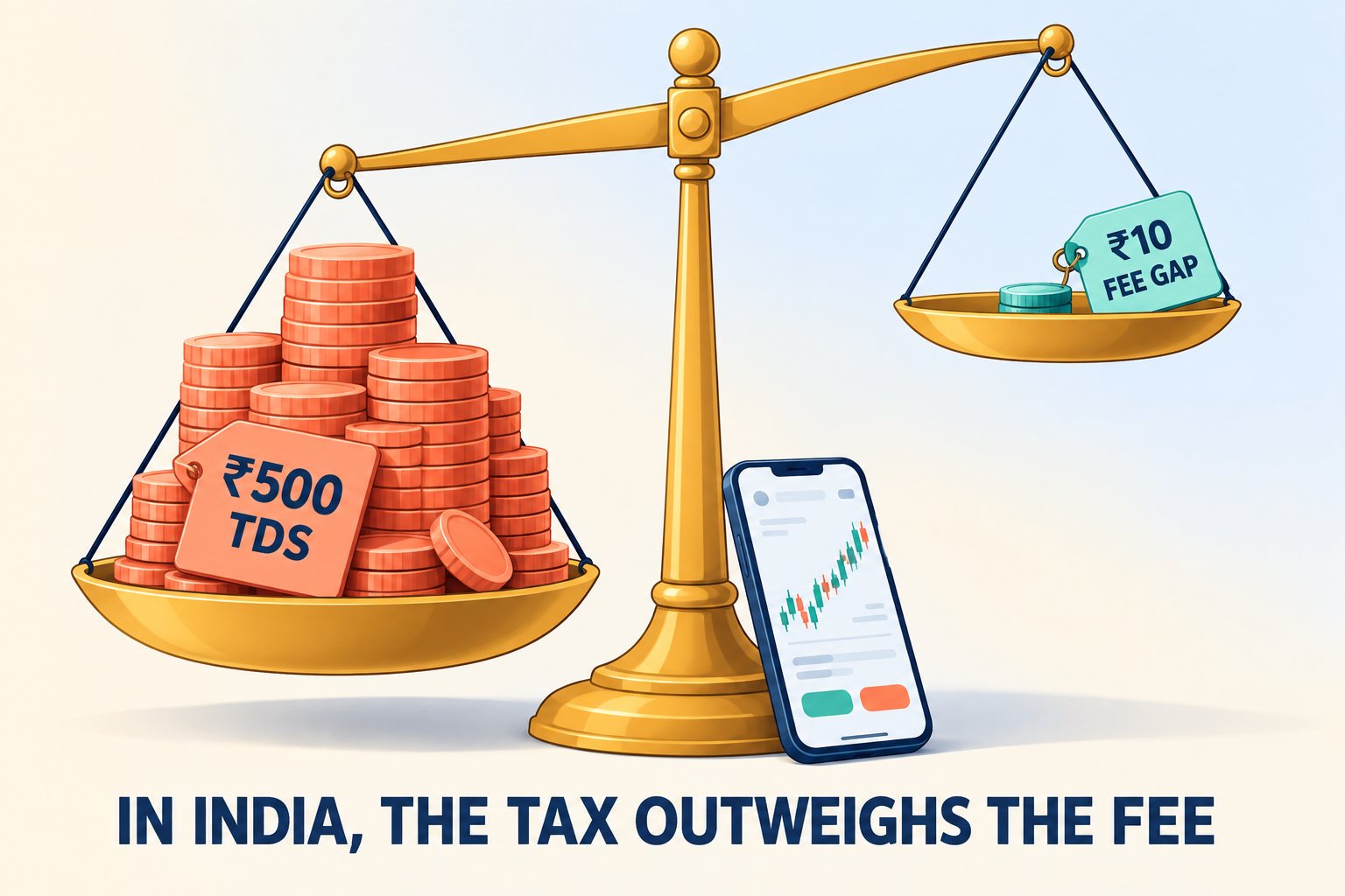 A balance scale: the left pan, tagged ₹500 TDS, sinks under a tall stack of coins while the right pan, tagged ₹10 fee gap, floats up with one small coin; a phone with a trading app leans on the base. Caption: In India, the tax outweighs the fee.