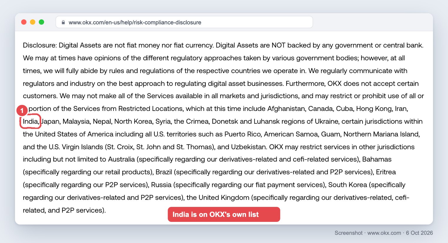 Screenshot of OKX’s Risk and Compliance Disclosure in a desktop browser, with India circled in the list of Restricted Locations between Iran and Japan