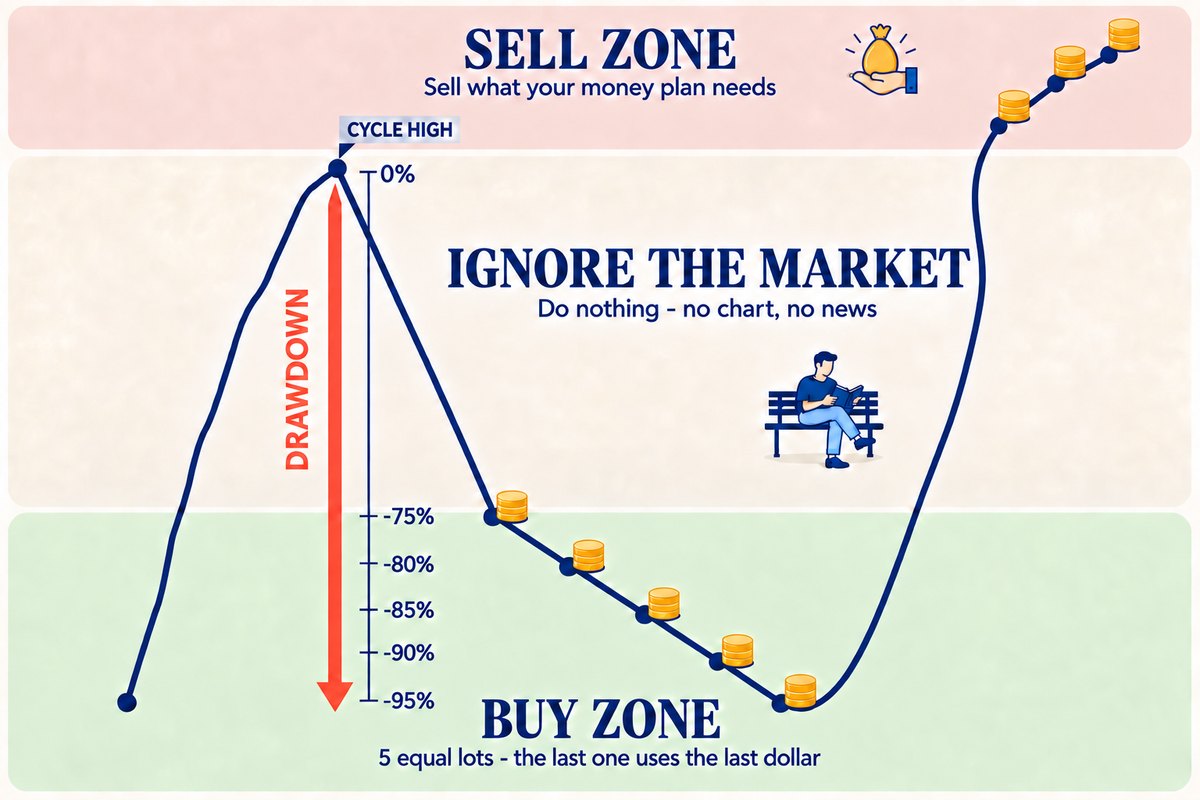 Diagram: a coin falls from its cycle high (0%) into the buy zone from -75% to -95%, where equal lots are bought at even steps so the last lot uses the last dollar; between the buy zone and the sell zone you ignore the market; the price then climbs back into the sell zone.