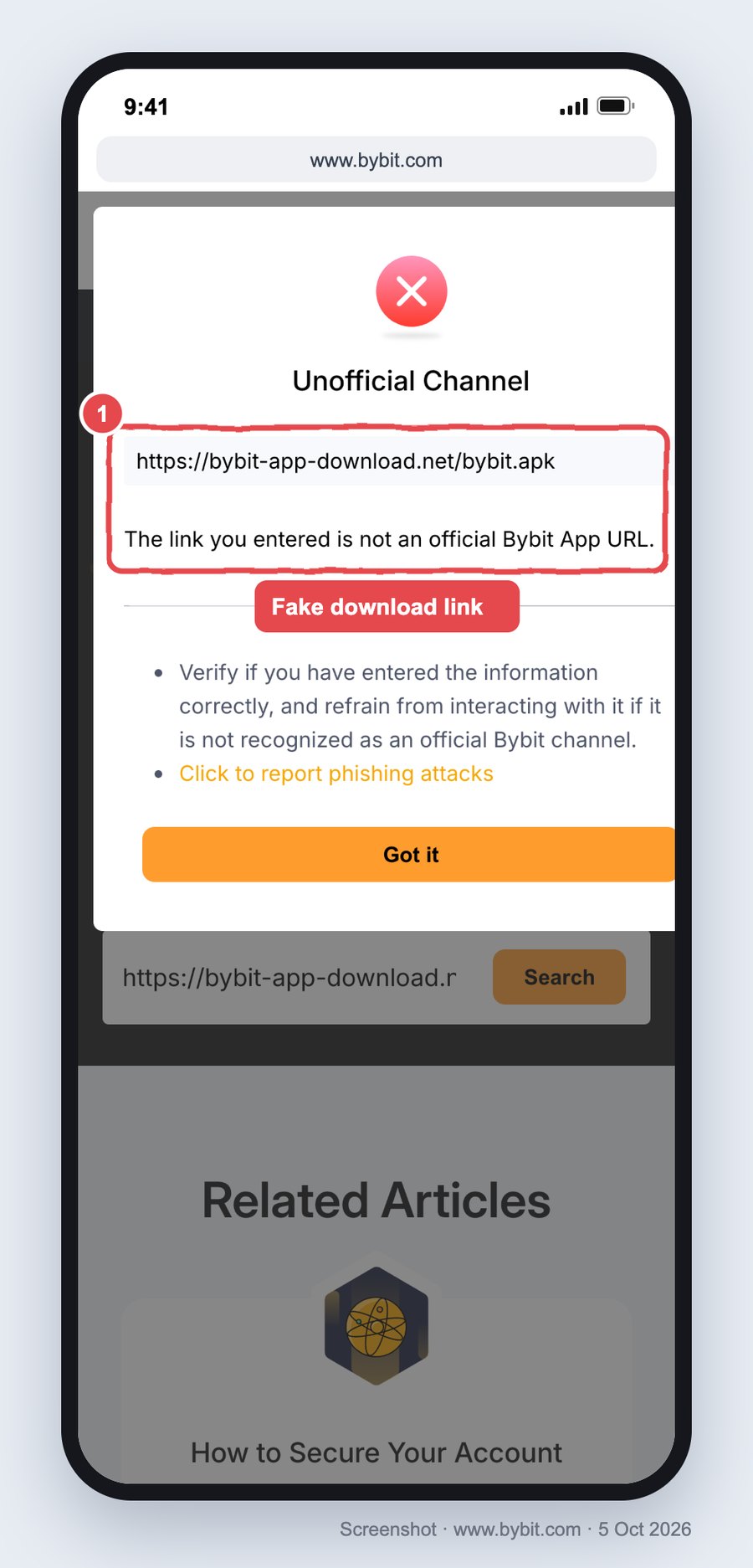 Bybit Authenticity Check on a phone: an Unofficial Channel pop-up for https://bybit-app-download.net/bybit.apk saying the link is not an official Bybit App URL, boxed in red