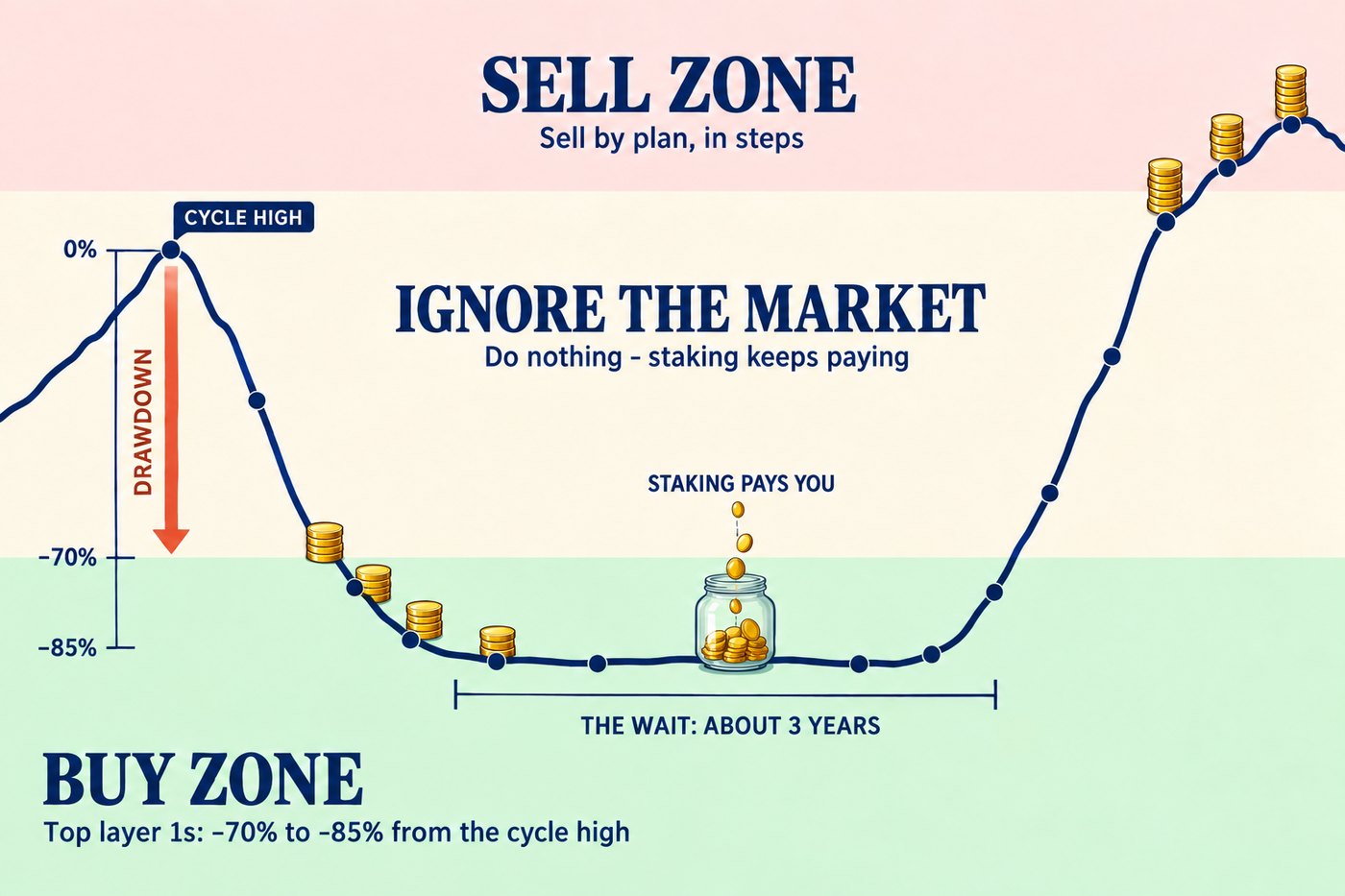 SuperShark Cycle infographic for top layer 1s in three bands. Bottom, Buy zone: top layer 1s −70% to −85% from the cycle high; a price line falls from the cycle high (0%) past a drawdown arrow, gold coin stacks are bought from the −70% line down to −85%, then the line stays flat for a long stretch marked The wait: about 3 years, with a glass jar labelled Staking pays you filling with coins. Middle, Ignore the market: do nothing, staking keeps paying. Top, Sell zone: sell by plan, in steps, with coin stacks sold as the line climbs.