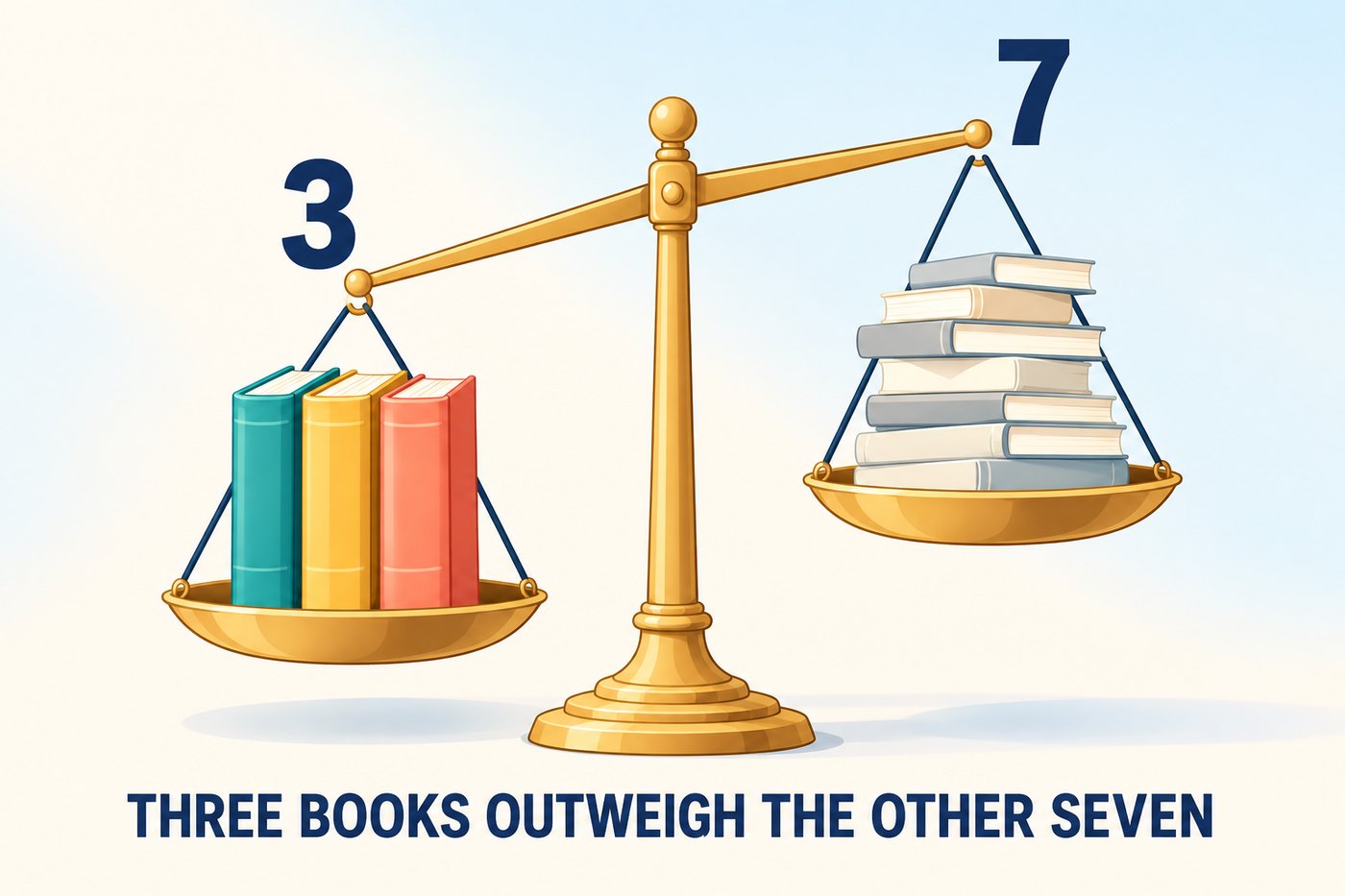A balance scale: three thick books on the lower left pan outweigh a stack of seven thinner books on the raised right pan