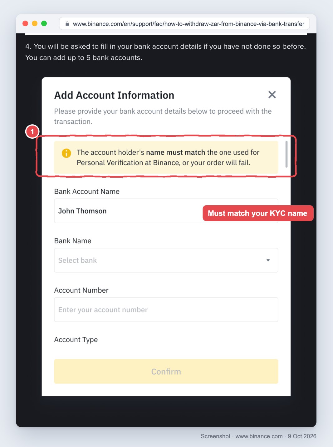 Binance help article, step 4 of the rand withdrawal: the Add Account Information form, with its yellow notice boxed as 1 reading The account holder's name must match the one used for Personal Verification at Binance, or your order will fail, and a note beside the Bank Account Name field reading Must match your KYC name