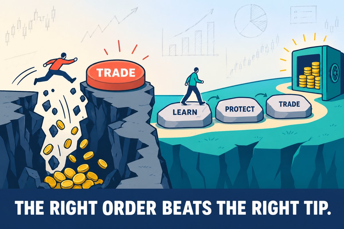 Flat-vector illustration: on the left a beginner leaps straight at a big coral TRADE button and falls into a crack with coins spilling out; on the right a beginner walks three stepping stones labeled LEARN, PROTECT and TRADE to an intact vault full of coins. Caption band: THE RIGHT ORDER BEATS THE RIGHT TIP.