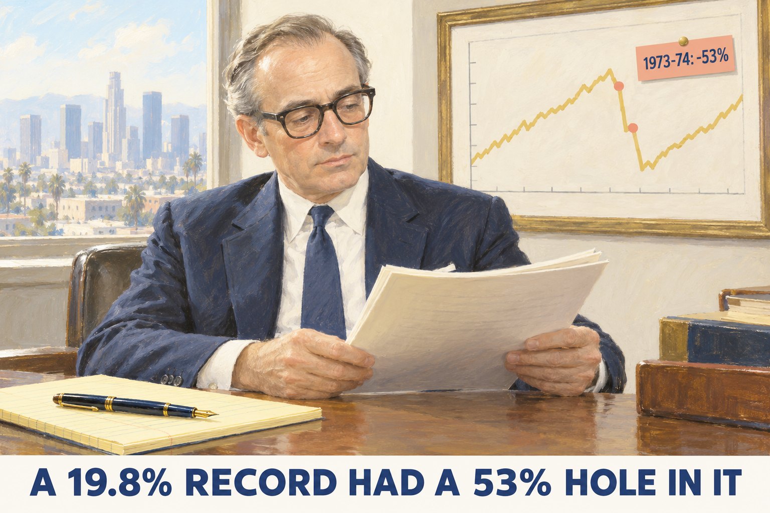 Illustrated portrait of a man about fifty with thick black-rimmed glasses, grey hair and a navy suit, reading a printed partnership report at a wooden desk in a 1970s Los Angeles office, a yellow legal pad and fountain pen beside him; on the wall a framed chart shows a gold line rising for years, dropping in two steep steps marked with coral dots, then climbing again, with a pinned tag reading 1973-74: -53%, and a caption strip reading A 19.8% RECORD HAD A 53% HOLE IN IT — a representative figure, not a likeness of any real person — an illustration, not a photograph