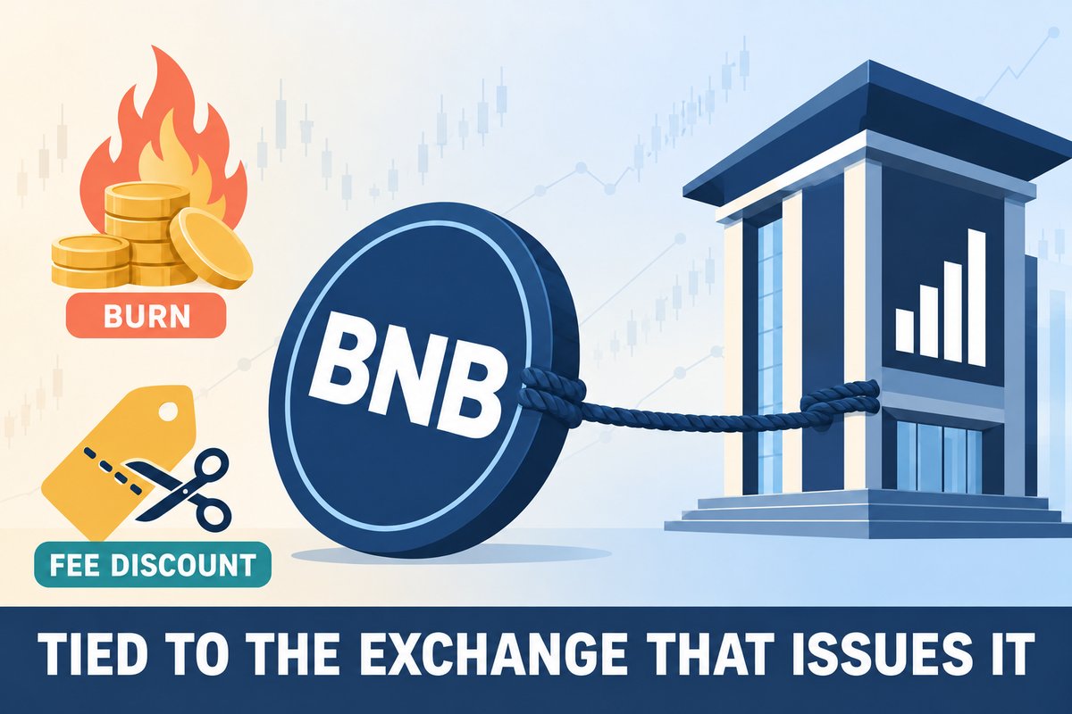 Flat-vector illustration for BNB: a navy coin marked BNB tied by a rope to a stylised exchange building, a pile of gold coins on fire tagged BURN and a gold price tag with scissors tagged FEE DISCOUNT; caption reads TIED TO THE EXCHANGE THAT ISSUES IT.