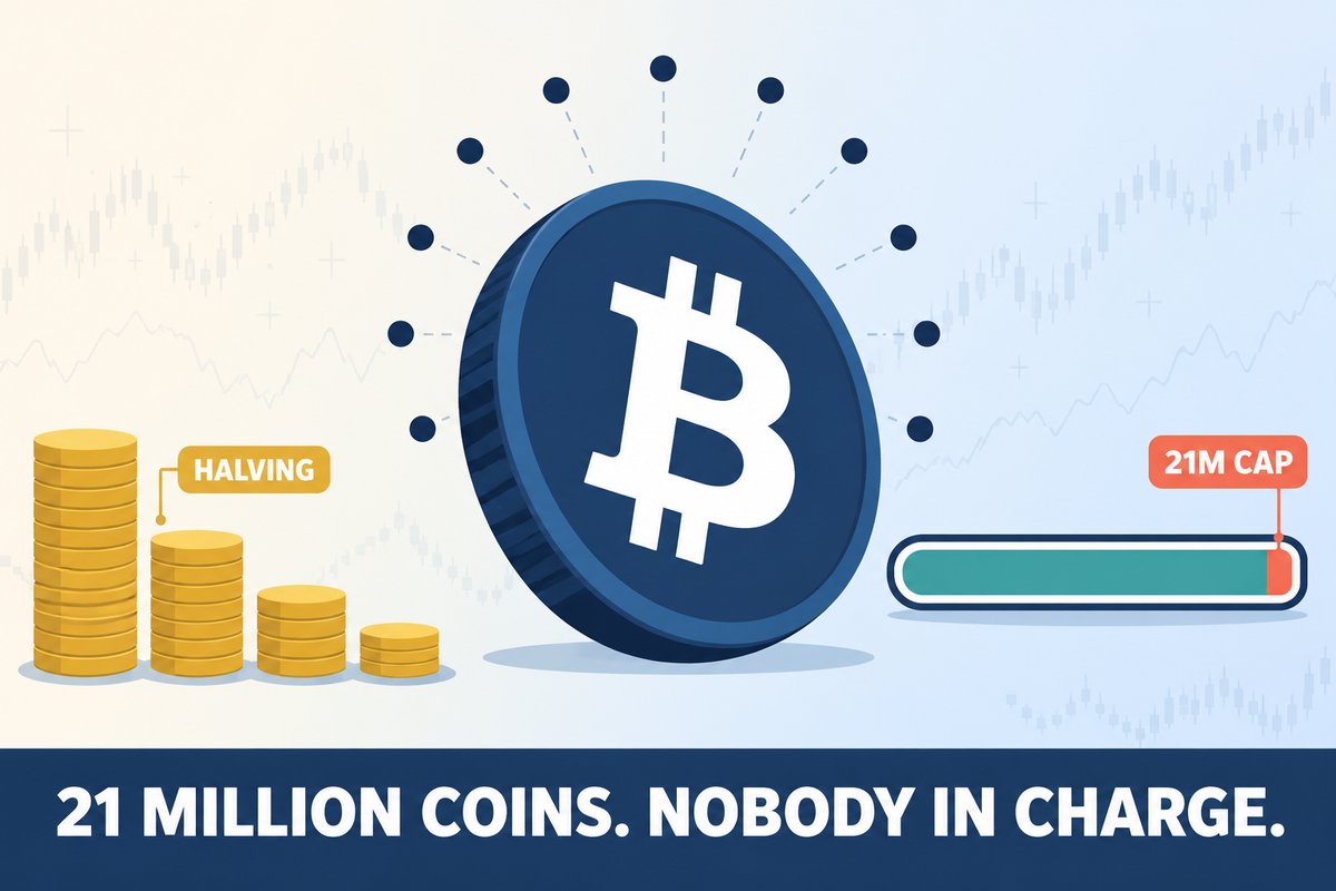 Flat-vector illustration for Bitcoin: a large navy coin with the bitcoin mark, four gold coin stacks each half the height of the last labelled HALVING, a teal supply gauge ending at a coral block labelled 21M CAP, and a ring of small dots with no centre node; caption reads 21 MILLION COINS. NOBODY IN CHARGE.