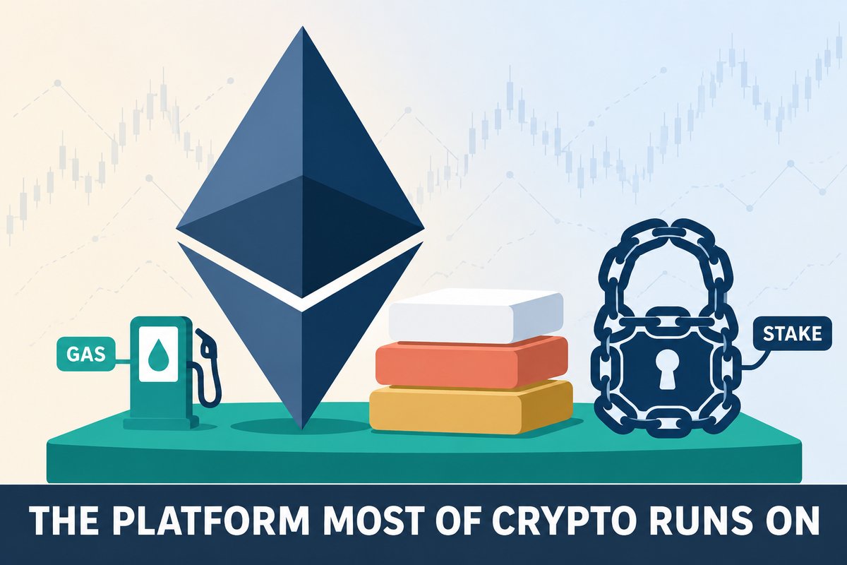 Flat-vector illustration for Ethereum: a navy octahedron crystal standing on a teal platform, three stacked blocks in gold, coral and white beside it, a small fuel pump tagged GAS and a chain padlock tagged STAKE; caption reads THE PLATFORM MOST OF CRYPTO RUNS ON.