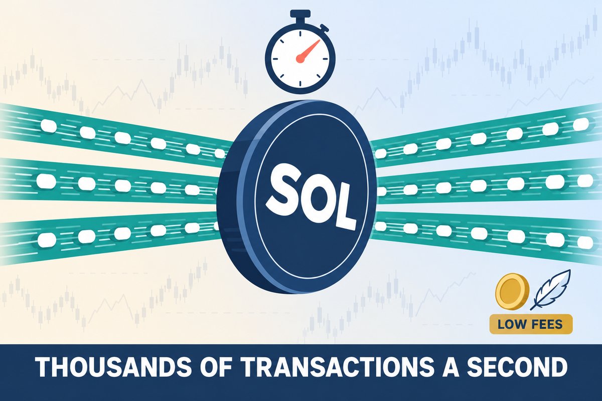 Flat-vector illustration for Solana: a navy coin marked SOL with three teal lanes of tiny white tokens streaming through it at speed, a stopwatch above and a small coin and feather tagged LOW FEES; caption reads THOUSANDS OF TRANSACTIONS A SECOND.