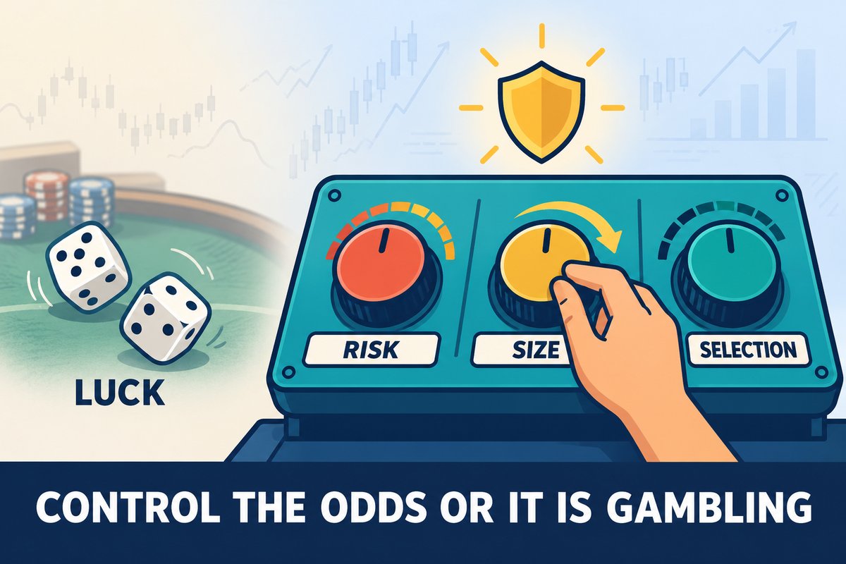 Flat-vector illustration: faded casino dice labeled LUCK on the left, and on the right a control desk with three knobs labeled RISK, SIZE and SELECTION, a hand turning the SIZE knob down under a glowing shield. Caption band: CONTROL THE ODDS OR IT IS GAMBLING.