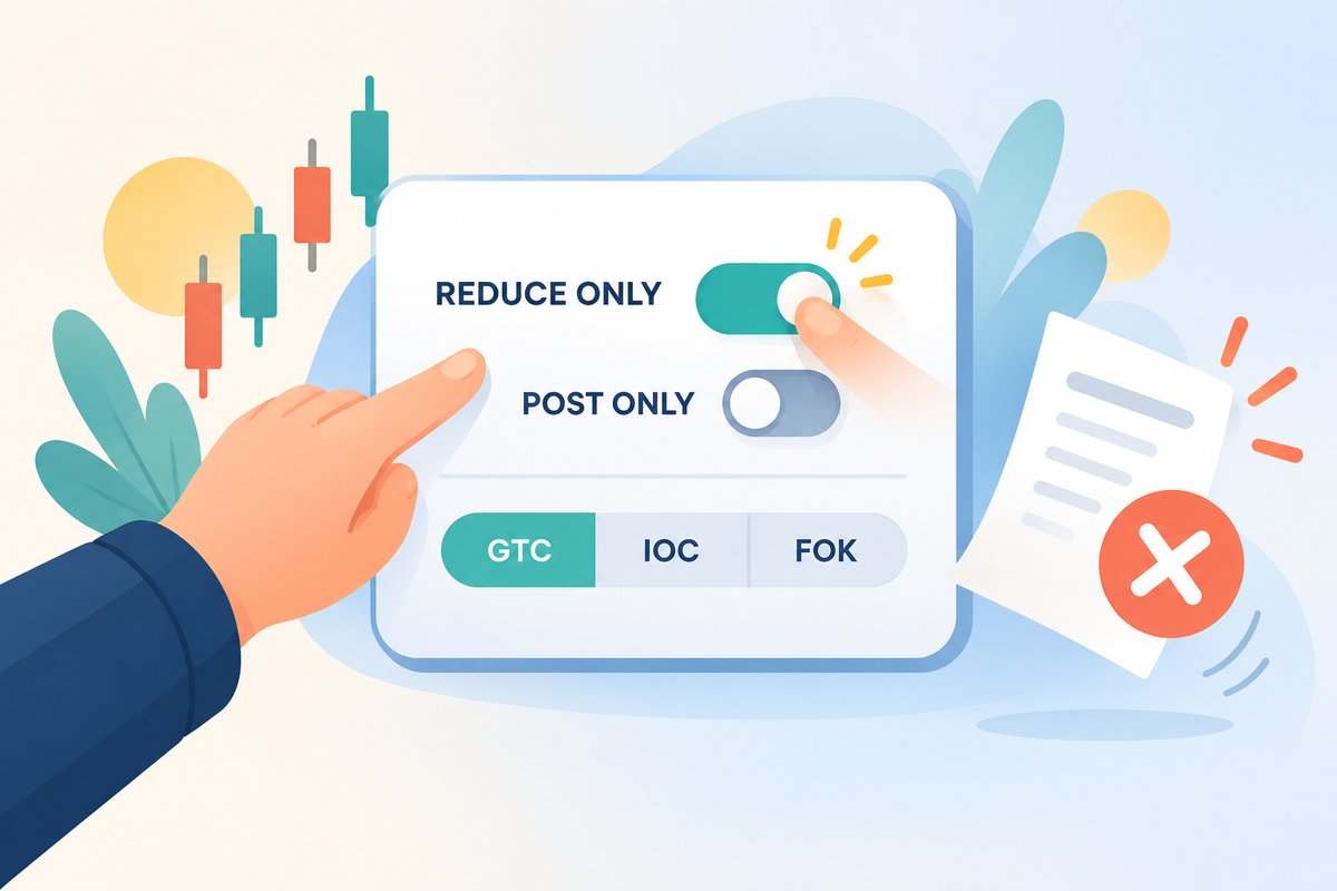 Flat-vector illustration of a crypto order ticket with REDUCE ONLY and POST ONLY switches and a GTC, IOC, FOK time-in-force selector, beside an order slip marked with a red cancel cross.