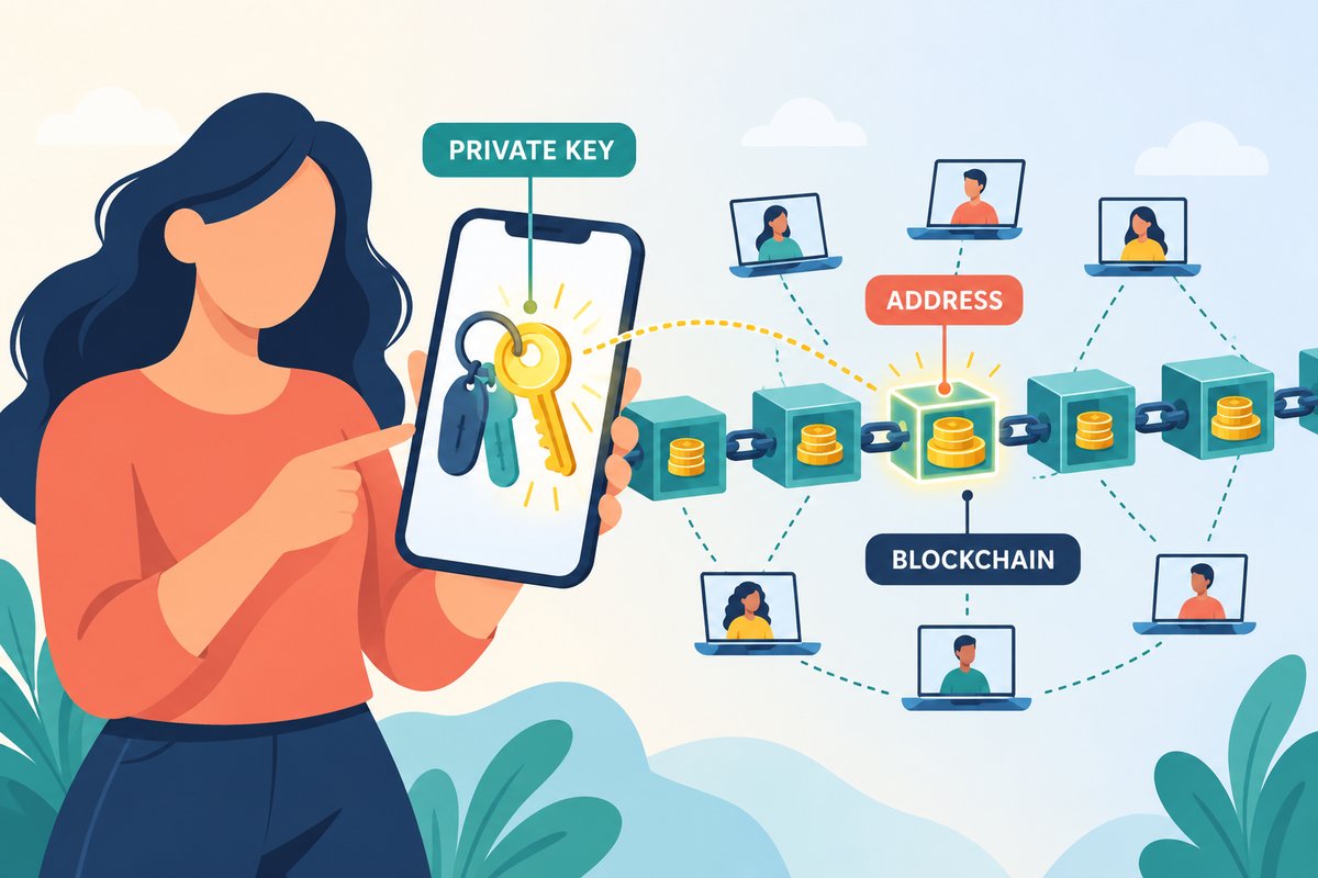 Flat-vector illustration of a crypto wallet: a person holds a phone showing a glowing PRIVATE KEY, and a dotted line runs from the key to one ADDRESS block on a BLOCKCHAIN chain of coin blocks copied by many computers.