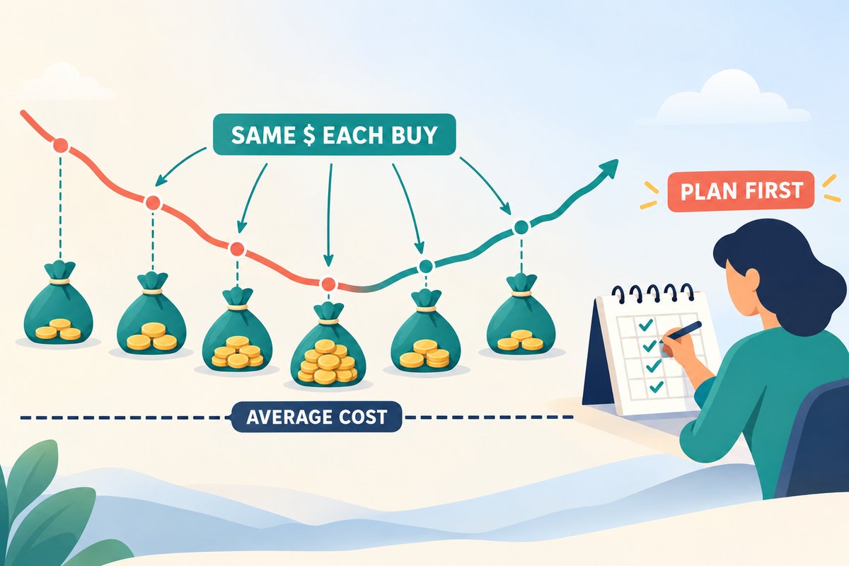 Flat-vector illustration of dollar-cost averaging: equal planned buys along a falling then recovering price line, bags bought lower hold more coins, a dashed AVERAGE COST line, and a person ticking off a PLAN FIRST calendar.