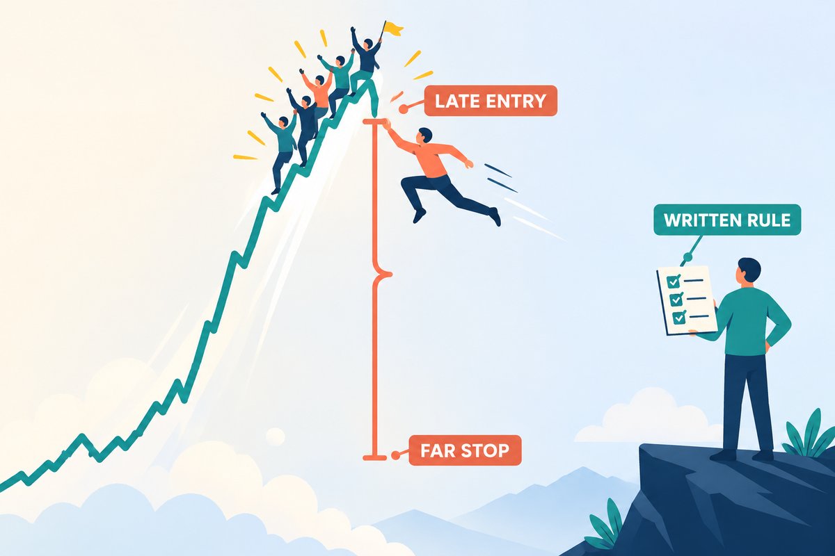 Flat-vector illustration of FOMO: a trader leaps onto the top of a steep price run marked LATE ENTRY, with a long bracket down to a FAR STOP, while a calm figure on the right holds a WRITTEN RULE checklist.