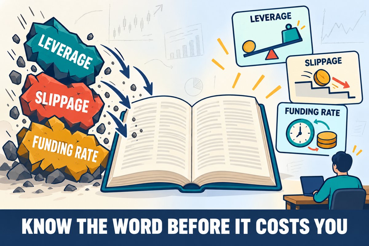 Flat-vector illustration: jagged word-blocks LEVERAGE, SLIPPAGE and FUNDING RATE fall into an open dictionary and come out as simple picture cards &mdash; a lever, a coin sliding down a step, a clock with a coin. Caption band: KNOW THE WORD BEFORE IT COSTS YOU.