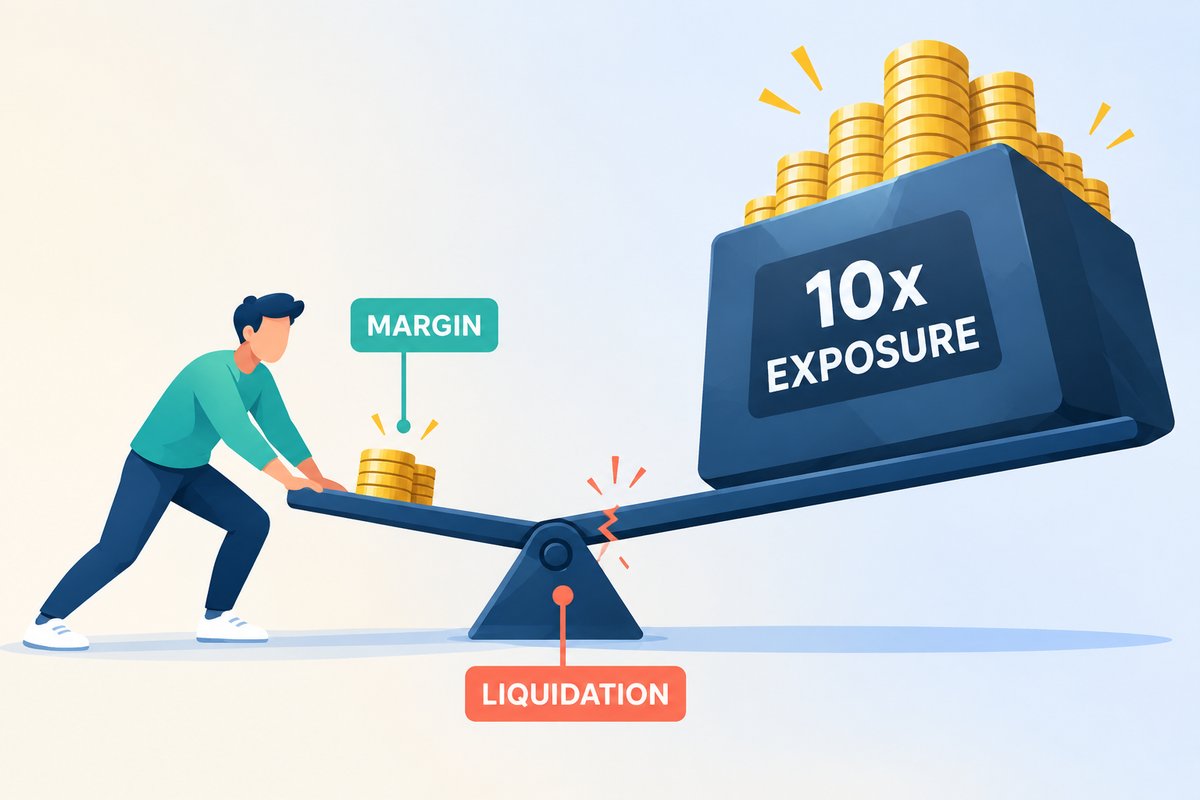 Flat-vector illustration of leverage: a trader uses a long lever on a fulcrum so a small MARGIN stack lifts a 10x EXPOSURE block, with a coral crack near the fulcrum marked LIQUIDATION.