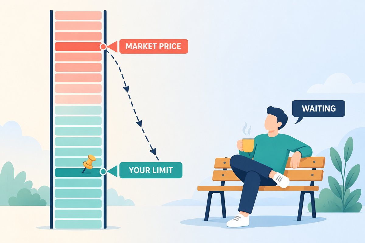 Flat-vector illustration of a limit order: a buy ticket pinned at a chosen price on an order book ladder while the market price is still above it, with a person waiting calmly.