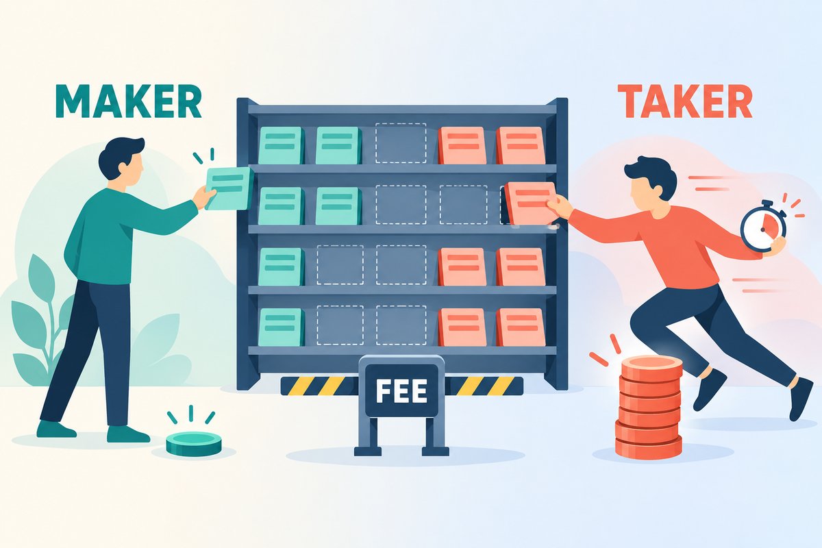 Flat-vector illustration of maker and taker fees: a calm MAKER places a resting order on an order book shelf and pays one small coin, while a hurried TAKER with a stopwatch grabs an order and pays a tall stack of coins at the FEE sign.