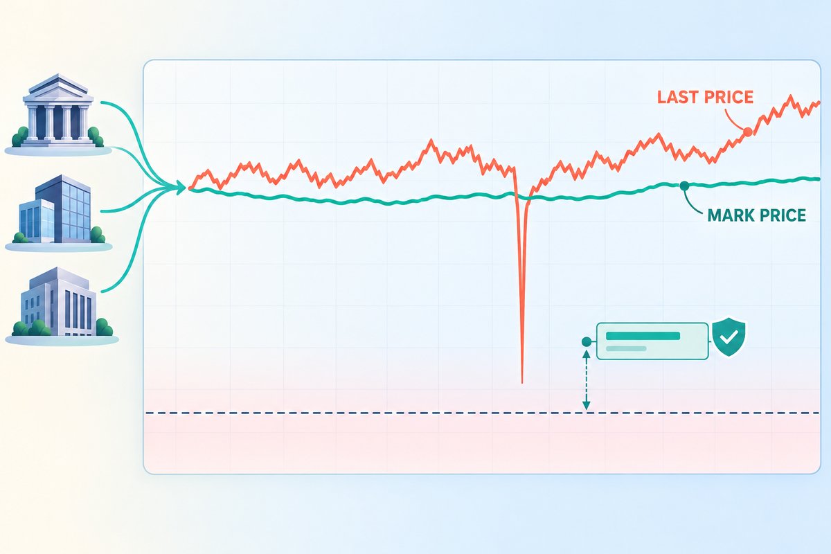 Flat-vector illustration of mark price: a jagged LAST PRICE line with one sudden downward wick next to a smooth MARK PRICE line fed by an average of several exchanges, while a shielded position stays above the dashed liquidation line.