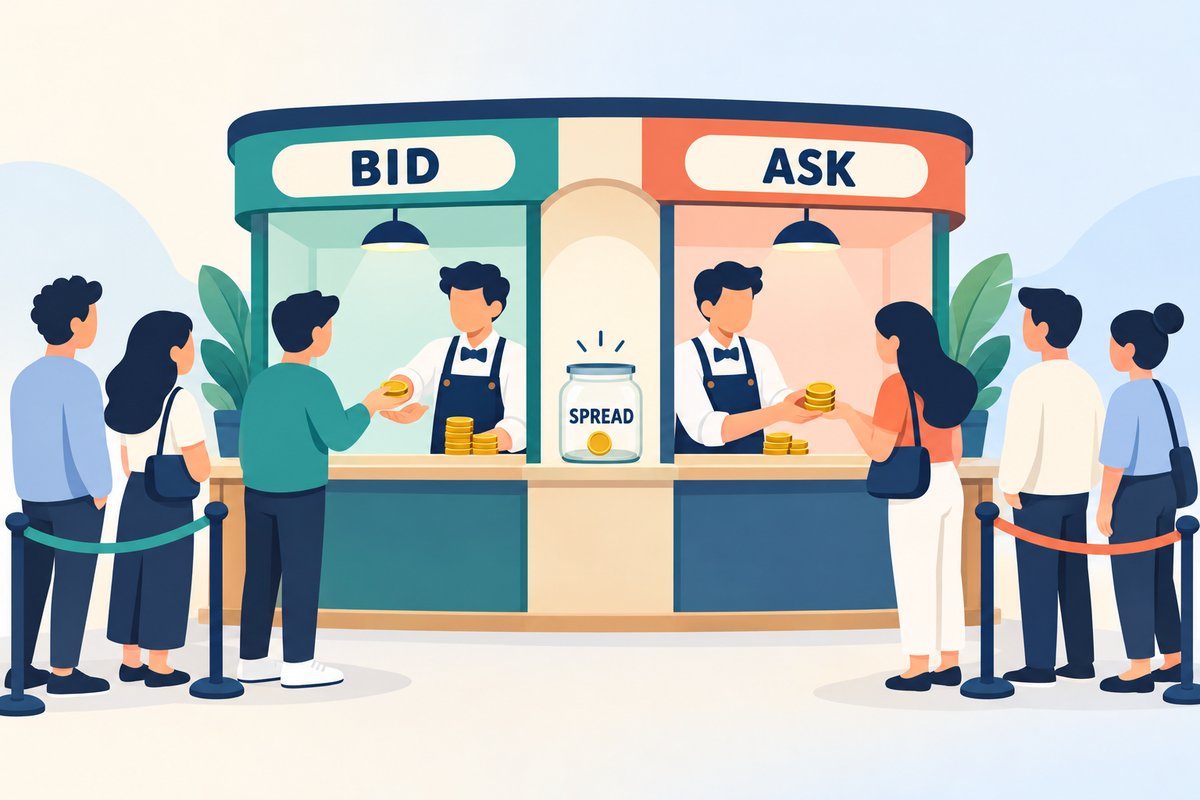 Flat-vector illustration of a market maker: a two-window booth where the BID window buys from one trader and the ASK window sells to another, with a jar marked SPREAD collecting a coin between them and queues on both sides.