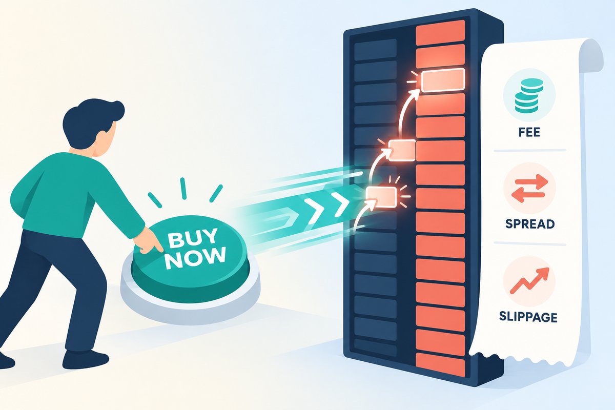 Flat-vector illustration of a market order: a trader presses a BUY NOW button and the order eats upward through several sell levels of an order book, with a receipt listing FEE, SPREAD and SLIPPAGE.