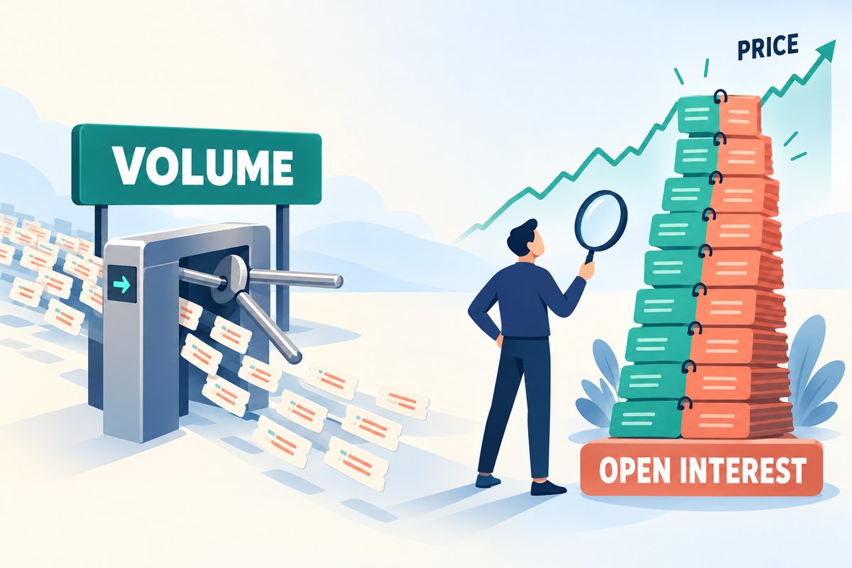 Flat-vector illustration of open interest: trade tickets stream through a turnstile marked VOLUME, while a growing stack of paired long and short contract cards marked OPEN INTEREST rises beside a PRICE line watched by an analyst.