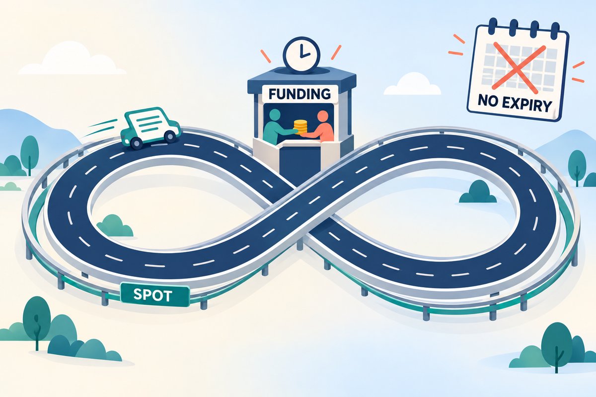 Flat-vector illustration of perpetual futures: a contract car loops an infinity-shaped track that runs beside a SPOT rail, a FUNDING toll booth where longs pay shorts keeps it close, and a calendar marked NO EXPIRY.