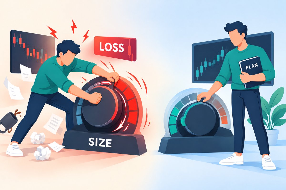 Flat-vector illustration of revenge trading: after a red LOSS card, a frustrated trader cranks a SIZE dial into the red zone, while a calm version of the same trader keeps the dial low and holds a notebook marked PLAN.