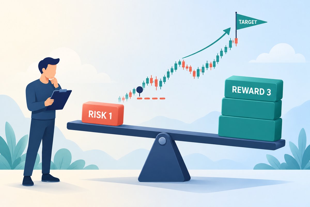 Flat-vector illustration of the risk/reward ratio: a seesaw with one coral block labeled RISK 1 against three teal blocks labeled REWARD 3, behind a price path climbing from an entry with a short stop below it up to a TARGET flag.