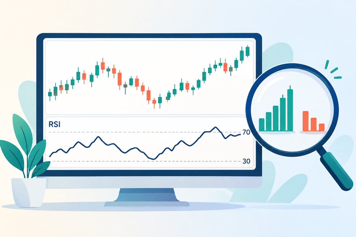Flat-vector illustration of the RSI indicator: a monitor with candlesticks on top and an RSI line moving between dashed 70 and 30 bands below, next to a magnifying glass comparing taller teal up-bars with shorter coral down-bars.