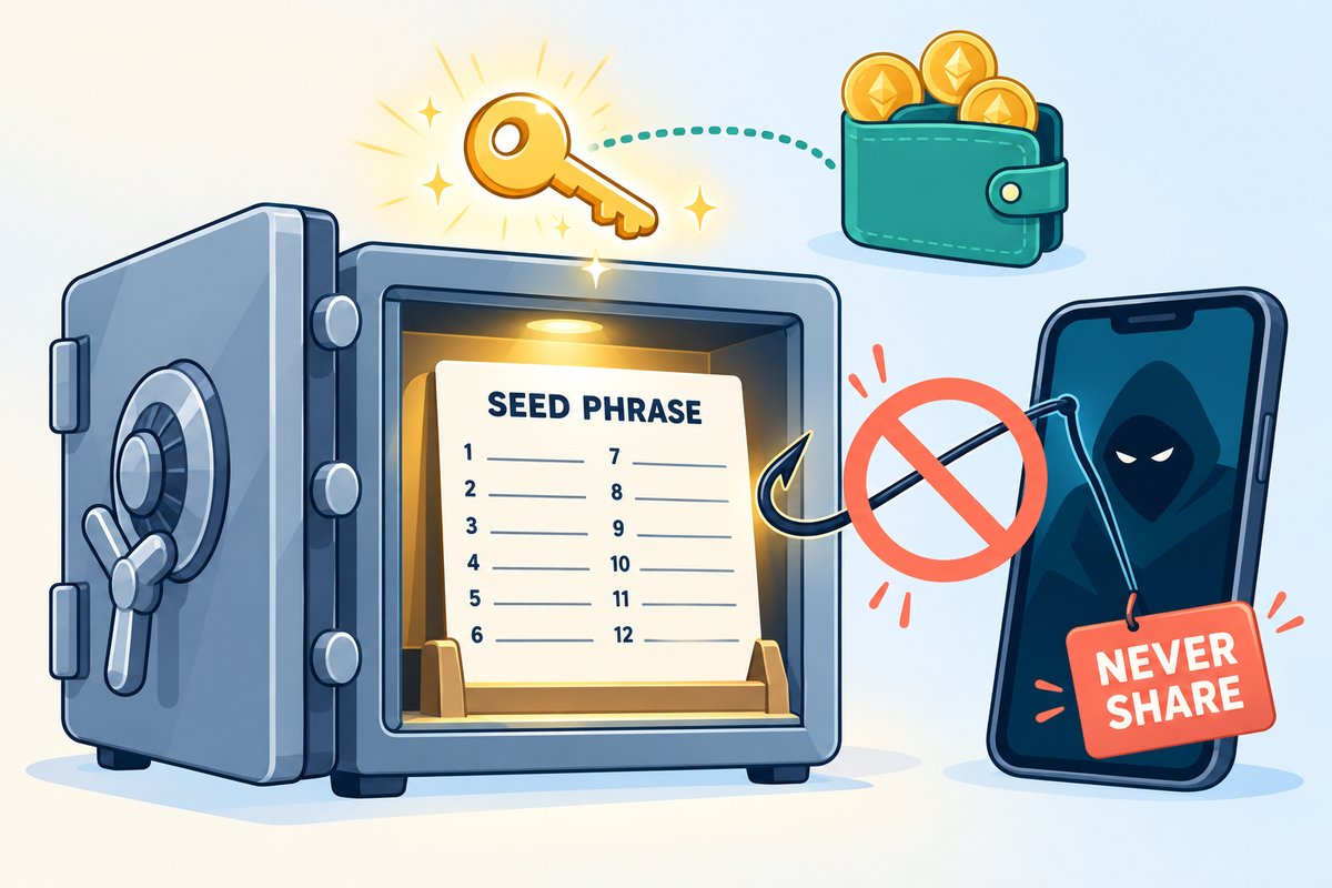 Flat-vector illustration of a seed phrase: a recovery card titled SEED PHRASE with twelve numbered blank lines sits in an open safe under a glowing key linked to a crypto wallet, while a phishing hook from a phone is blocked by a NEVER SHARE sign.