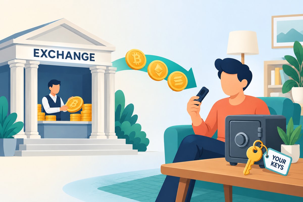 Flat-vector illustration of self-custody: coins travel along an arrow from a generic EXCHANGE building to a person at home holding a hardware wallet, next to a small safe and a key tagged YOUR KEYS.