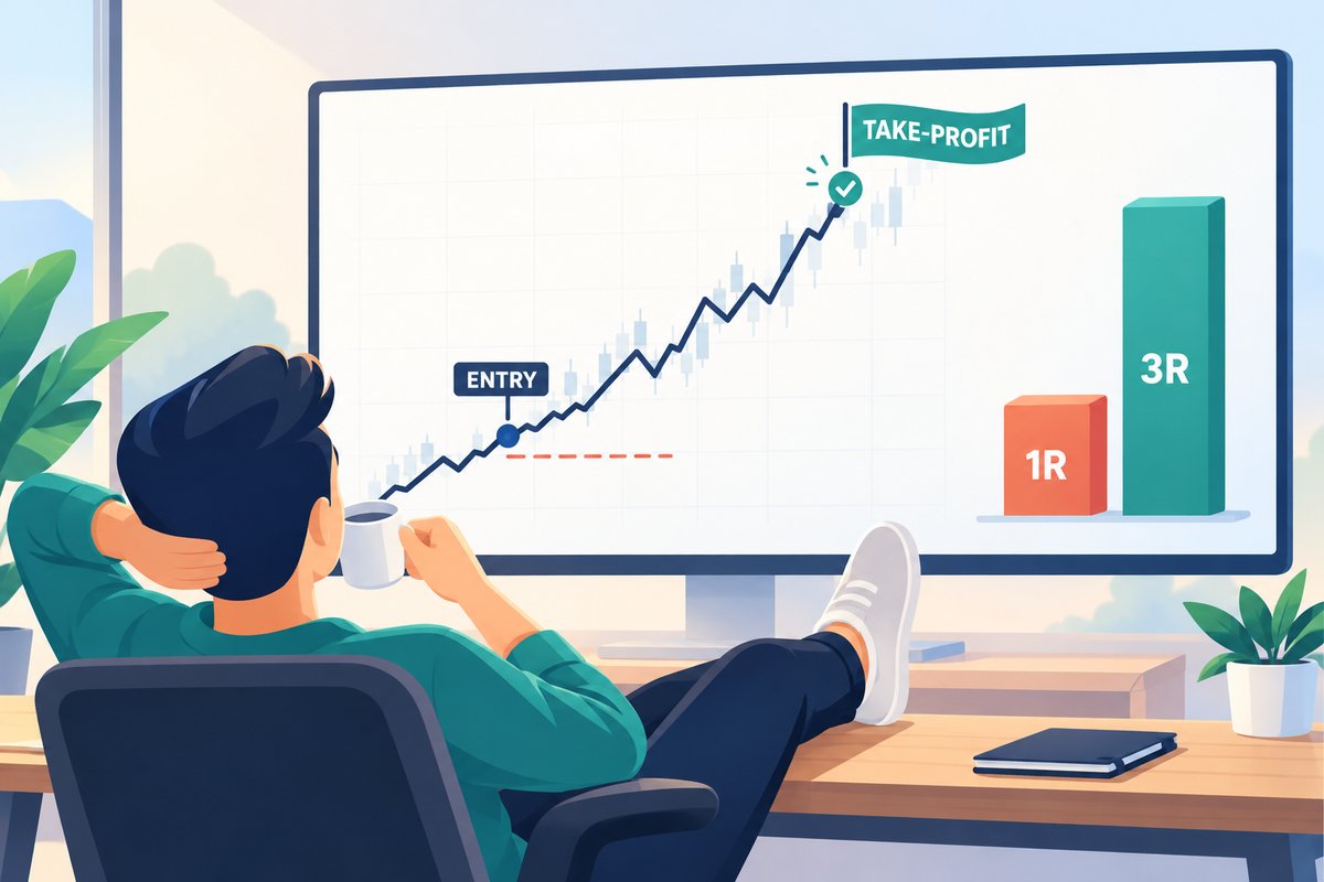 Flat-vector illustration of a take-profit order: a price path climbs from an ENTRY point to a teal TAKE-PROFIT finish flag, with a short stop below entry and blocks comparing 1R of risk with 3R of reward, while a relaxed trader is away from the screen.