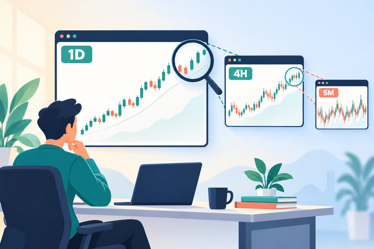 Flat-vector illustration of chart timeframes: three nested chart windows of the same market — a calm trending 1D chart, a 4H chart and a noisy, jagged 5M chart — linked by a magnifying glass, with a trader focused on the daily window.
