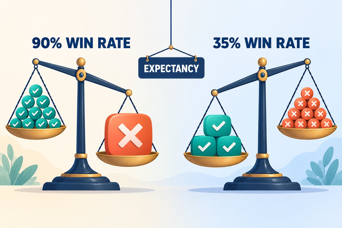 Flat-vector illustration of win rate: two balance scales compare a 90% WIN RATE trader, whose pile of small wins is outweighed by one huge loss, with a 35% WIN RATE trader whose few large wins outweigh many small losses, linked by the word EXPECTANCY.