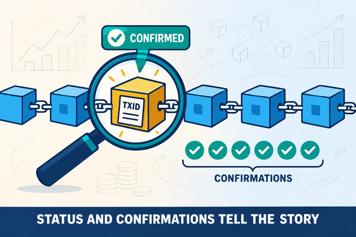 Flat-vector illustration: a magnifying glass over one golden block in a blockchain holding a TXID slip, a CONFIRMED badge above it and a row of six ticks labeled CONFIRMATIONS as newer blocks join the chain. Caption band: STATUS AND CONFIRMATIONS TELL THE STORY.
