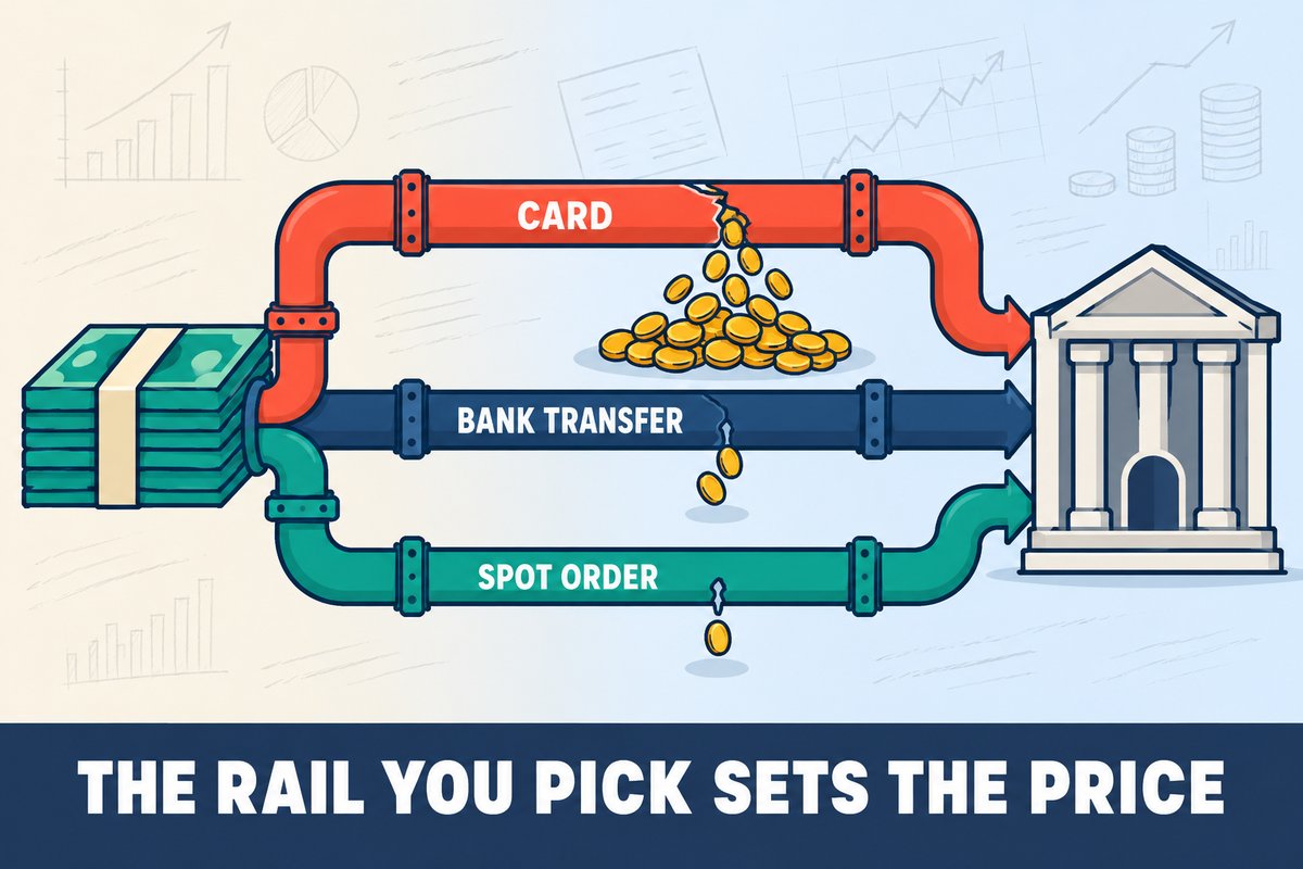 Flat-vector illustration: the same stack of money flows through three pipes to an exchange &mdash; CARD leaks a large pile of coins, BANK TRANSFER drips two, SPOT ORDER loses one. Caption band: THE RAIL YOU PICK SETS THE PRICE.