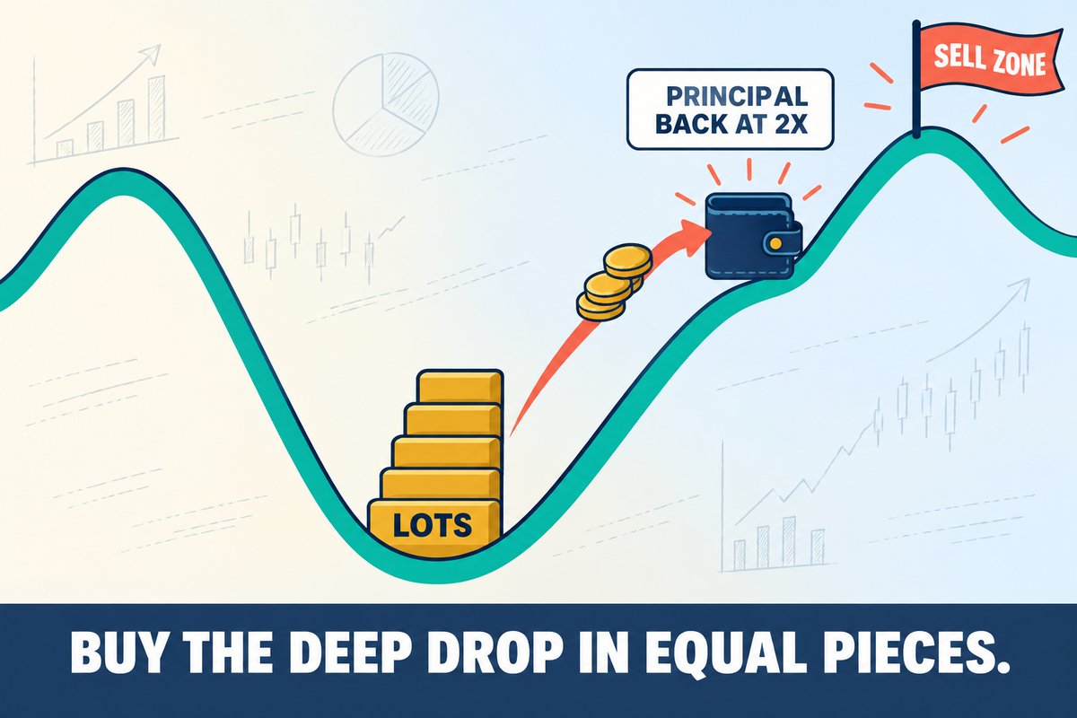 Flat-vector illustration: a stylized cycle wave with a high peak, a deep valley and a higher new peak; five identical gold blocks labeled LOTS stack in the valley, a coral arrow carries a coin stack into a wallet tagged PRINCIPAL BACK AT 2X, and a SELL ZONE flag sits on the new peak. Caption band: BUY THE DEEP DROP IN EQUAL PIECES.