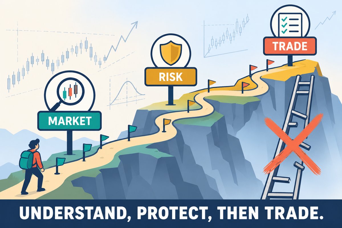 Flat-vector illustration: a beginner with a backpack starts a winding mountain path marked by signposts MARKET, RISK and TRADE with small flags along the way, while a shortcut ladder straight to TRADE is missing its rungs and crossed out. Caption band: UNDERSTAND, PROTECT, THEN TRADE.