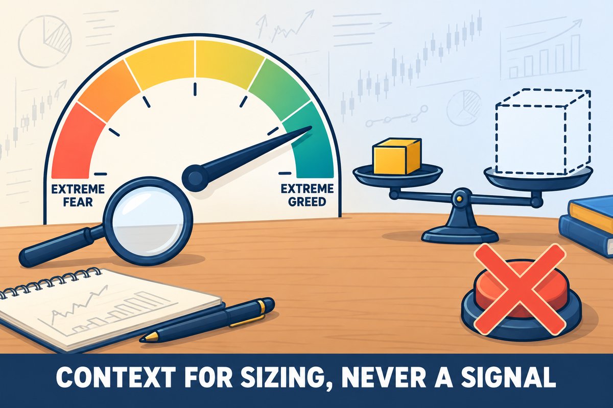 Flat-vector illustration: a sentiment gauge from EXTREME FEAR to EXTREME GREED with the needle in greed, a magnifying glass on it, a deliberately small position block on a scale beside a larger empty outline, and a signal button crossed out. Caption band: CONTEXT FOR SIZING, NEVER A SIGNAL.