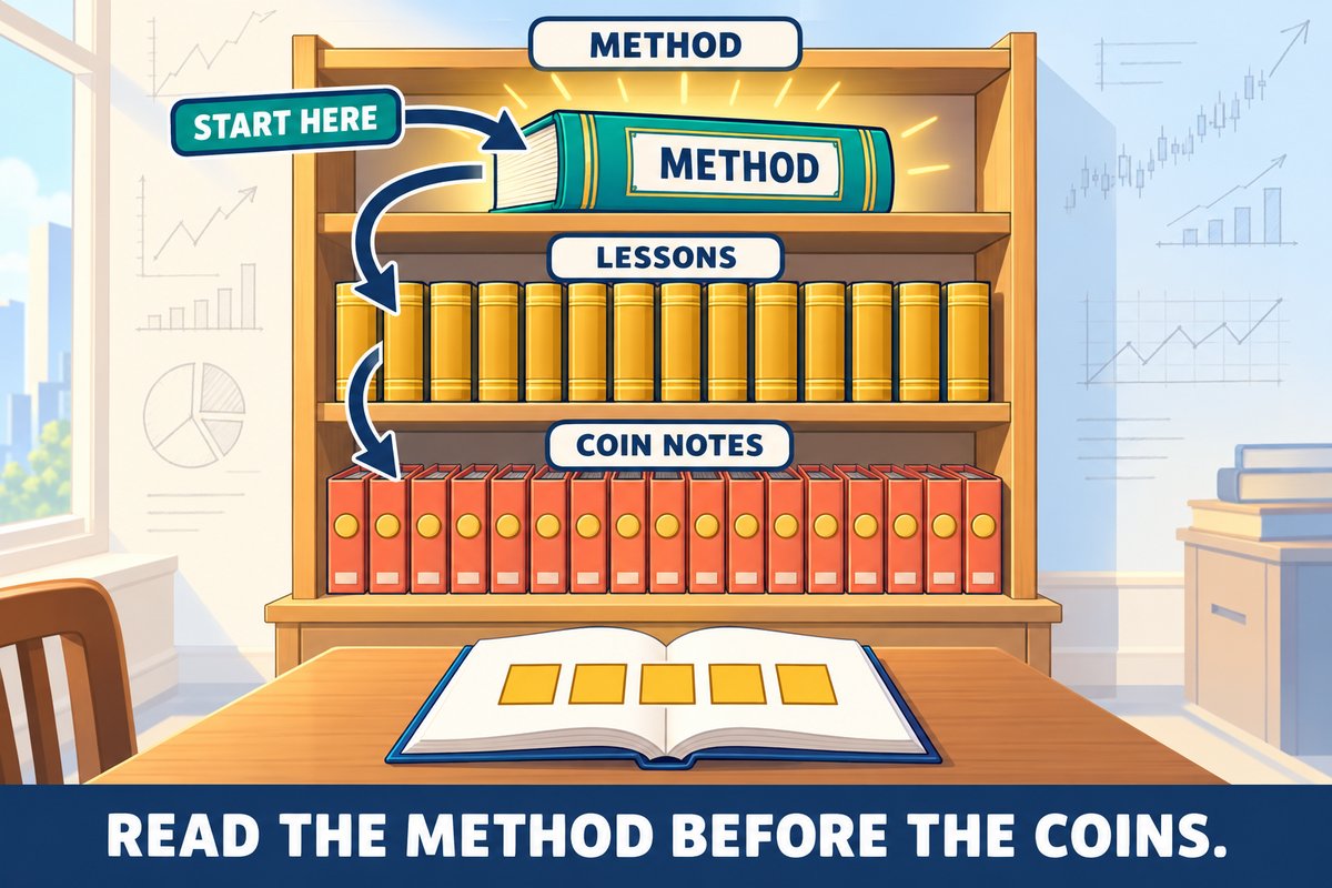 Flat-vector illustration: a bookshelf with a glowing METHOD book on the top shelf tagged START HERE, a row of LESSONS books below and many COIN NOTES folders at the bottom, with an arrow flowing from the method down; an open book on the table shows five equal gold blocks. Caption band: READ THE METHOD BEFORE THE COINS.
