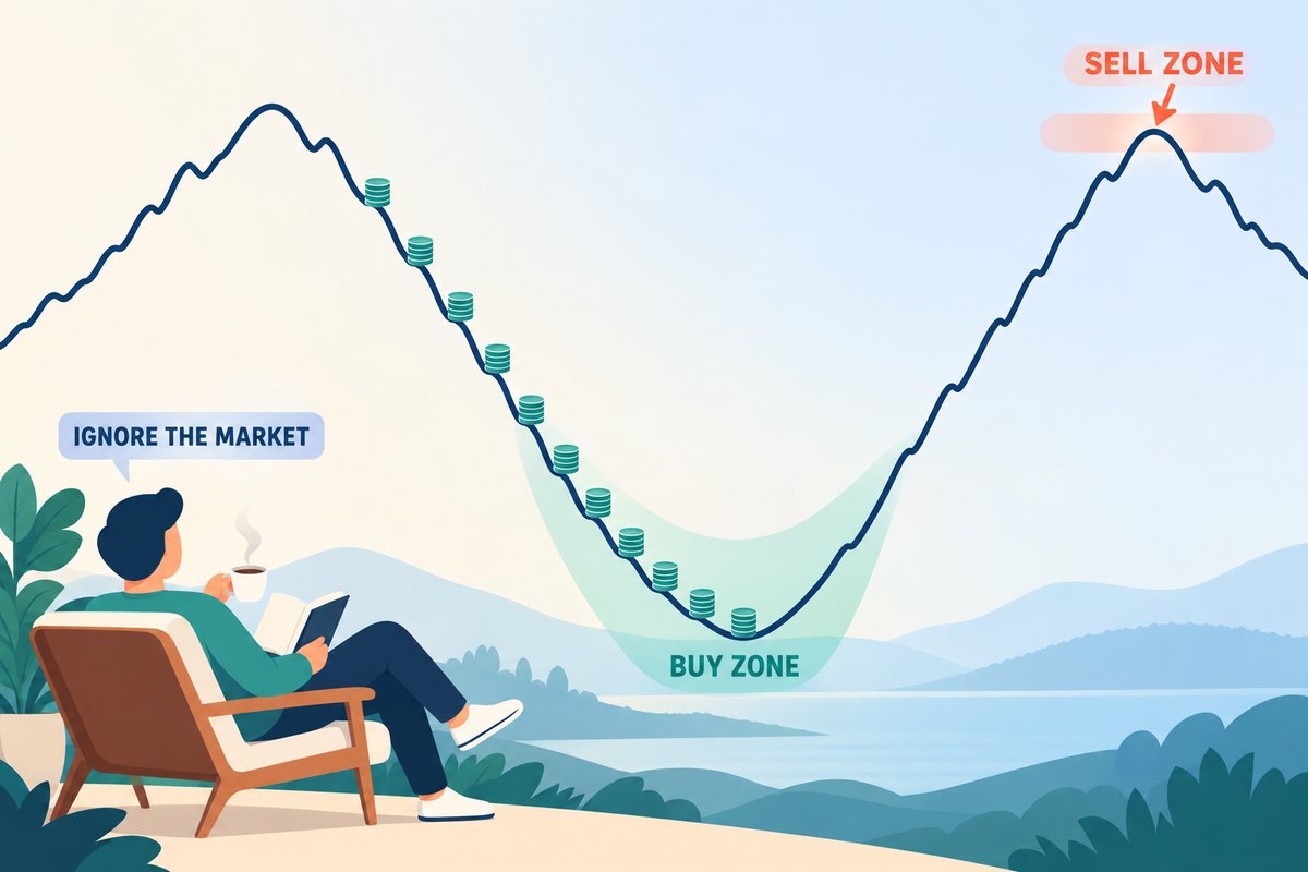 Flat-vector illustration of one crypto market cycle: a navy price line falls from a peak into a deep valley, with ten equal teal coin stacks spaced evenly down the falling side into a band labelled BUY ZONE, rises to a new peak marked SELL ZONE, while a relaxed person reads a book with a coffee under a tag reading IGNORE THE MARKET.