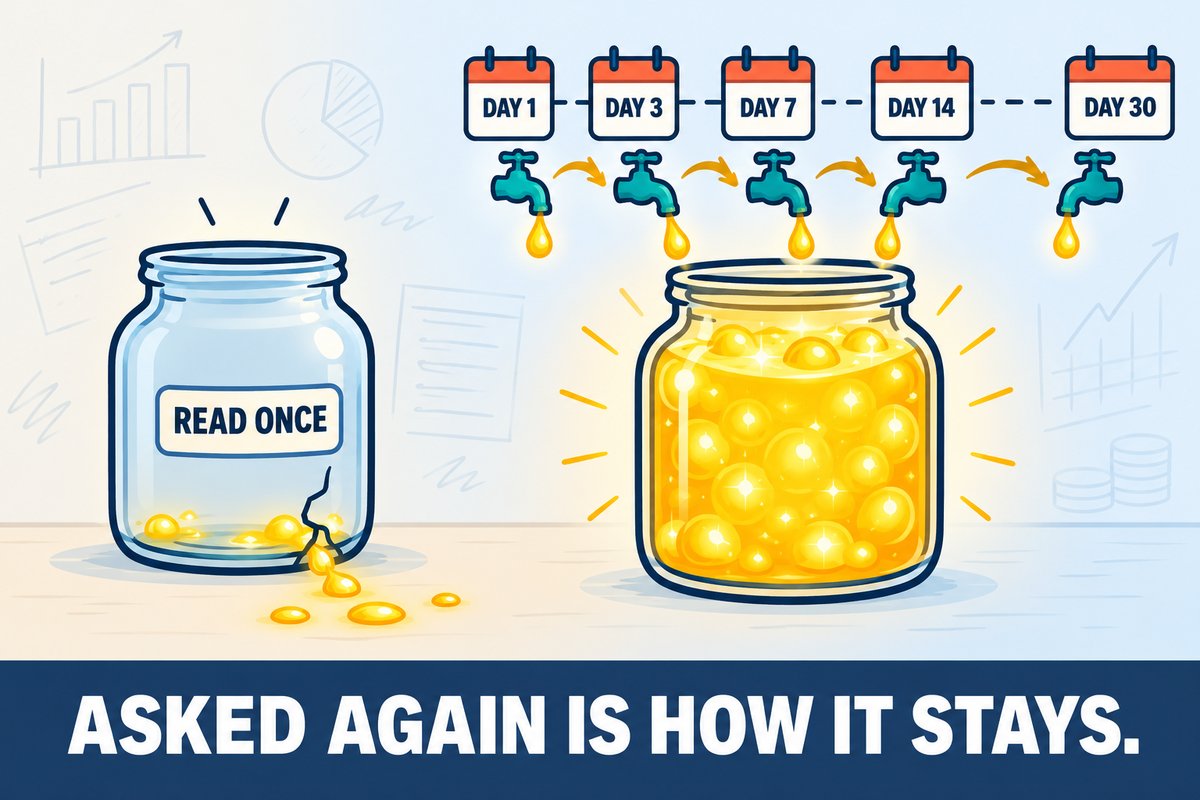 Flat-vector illustration: a cracked jar labeled READ ONCE leaking glowing drops beside a full glowing jar topped up by five taps under calendar tiles DAY 1, DAY 3, DAY 7, DAY 14 and DAY 30. Caption band: ASKED AGAIN IS HOW IT STAYS.