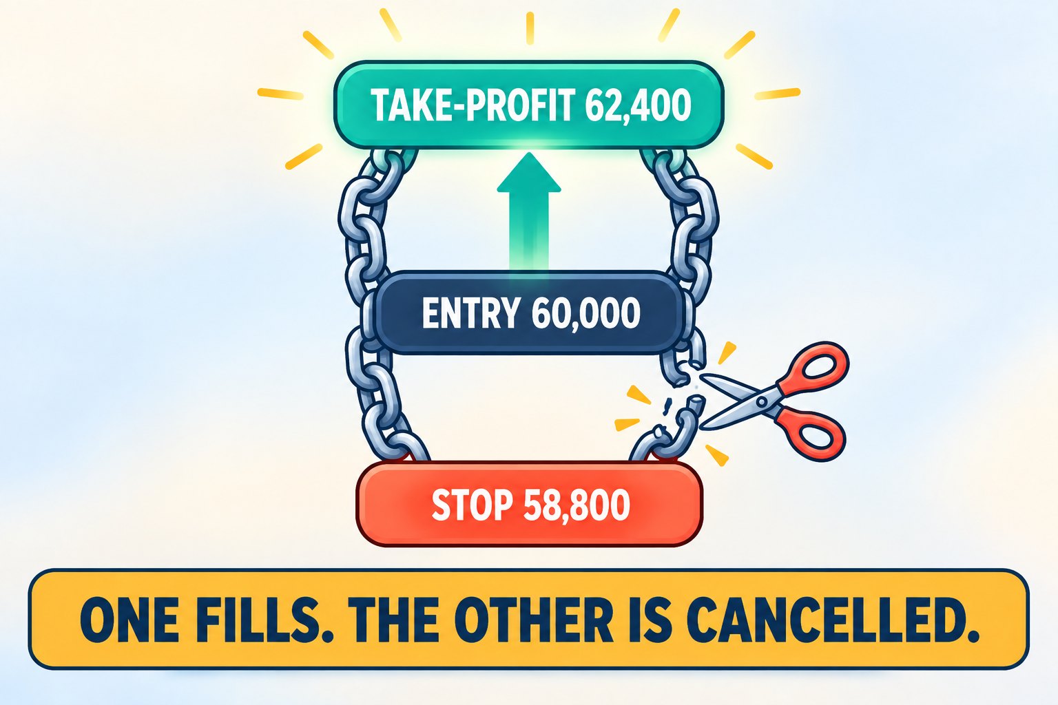 Illustration of one linked order: a teal take-profit shelf at 62,400 lights up as price rises from the entry at 60,000, while scissors cut the chain to the coral stop shelf at 58,800, above the caption One fills. The other is cancelled.
