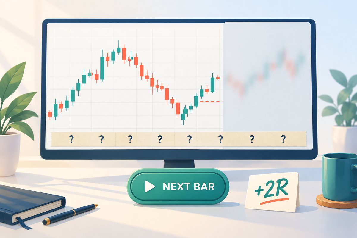Flat-vector illustration of a chart replay drill: a monitor with a candlestick chart whose future candles are hidden behind a frosted panel, the date axis covered by tape with question marks, a NEXT BAR play button below and a score card showing +2R.