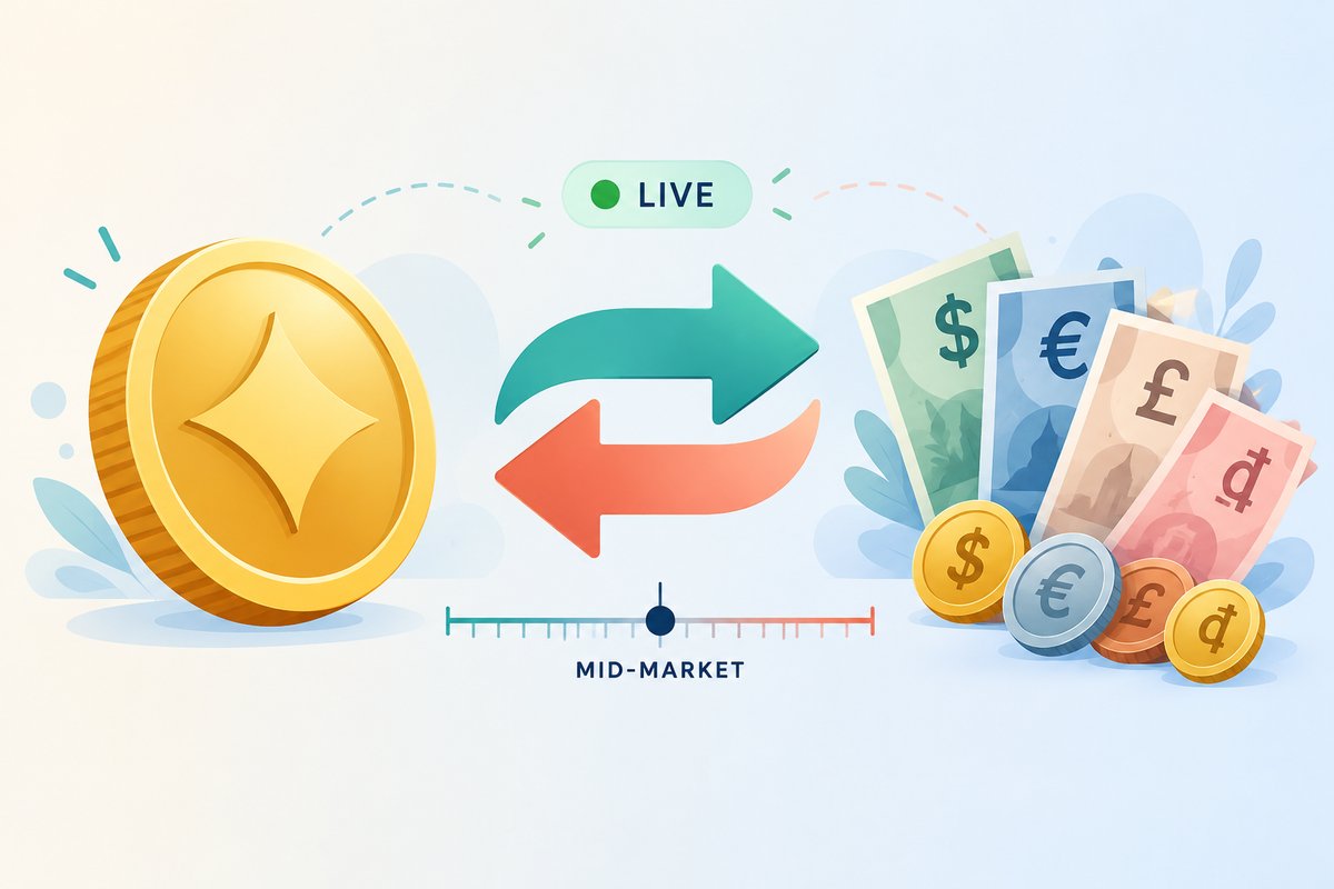 Flat-vector illustration of a crypto converter: a generic gold coin on the left linked by a two-way teal and coral arrow to banknotes and coins marked $, euro, pound and dong, with a LIVE badge above and a scale marked MID-MARKET below.